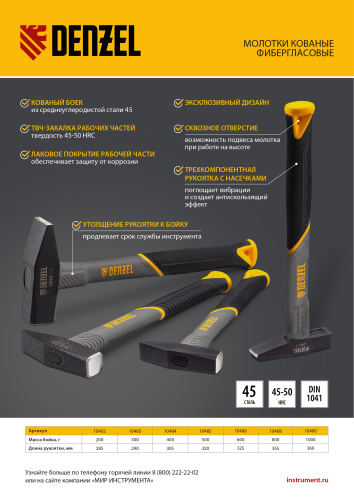 Молоток слесарный, 500 г, кованый, фибергласовая рукоятка c TPR покрытием Denzel по ценам производителя в Казани с доставкой по всей России