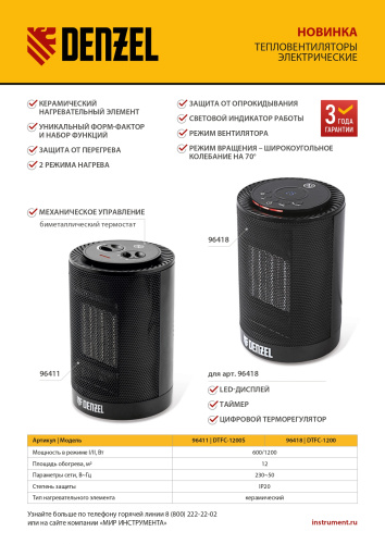 Тепловентилятор электрический керамический DTFC-1200, 3 режима, вентилятор, нагрев 600/1200 Вт Denzel по ценам производителя в Казани с доставкой по всей России