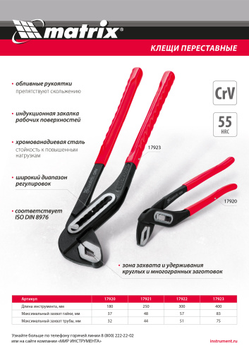 Клещи переставные 180 мм, хром-ванадий, обливные рукоятки Matrix по ценам производителя в Казани с доставкой по всей России