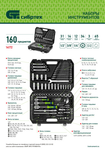 Набор инструментов, 1/2", 3/8", 1/4", пластиковый кейс 172 предм. Сибртех купить в Москве с доставкой по всей России | ProtosMarket.ru