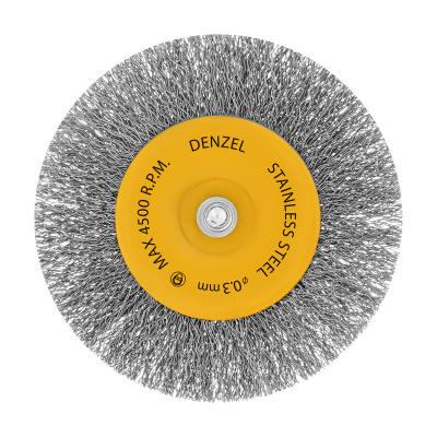 Щетка для дрели 100 мм, Плоская, со шпилькой, нержавеющая витая проволока Denzel по ценам производителя в Казани с доставкой по всей России