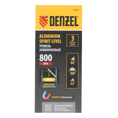 Уровень алюминиевый, магнит, фрезерованный, 3 глазка (1 зеркал.) 0,5 мм/м, 800 мм Denzel по ценам производителя в Казани с доставкой по всей России