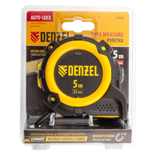 Рулетка 5м х 32мм, автоматич. фиксац., нейлон. покрытие, магнит. зацеп, двухстор. разметка Denzel купить в Москве с доставкой по всей России | ProtosMarket.ru