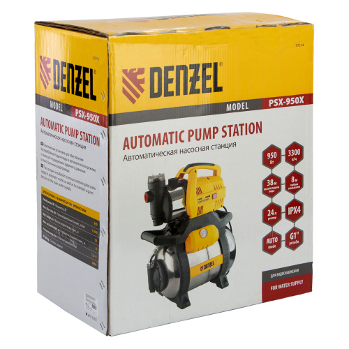 Насосная станция PSХ950X, Х-Pro, 950 Вт, 3300 л/ч, ресивер 24 л, подъем 38 м, нержавейка Denzel купить в Москве с доставкой по всей России | ProtosMarket.ru