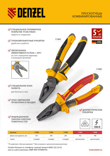 Плоскогубцы комбинированные, диэлектрические трехкомпонентные рукоятки до 1000 В, 180 мм Denzel купить в Москве с доставкой по всей России | ProtosMarket.ru