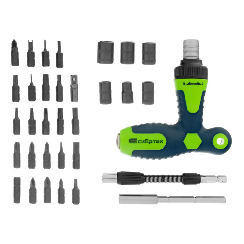 Отвертка Т-образная реверсивная с набором бит, торцевых головок, 33 предмета, CrV Сибртех купить в Москве с доставкой по всей России | ProtosMarket.ru
