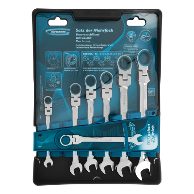 Набор ключей комбинированных с трещоткой, 8-19 мм, 7 шт, шарнирные, CrV Gross купить в Москве с доставкой по всей России | ProtosMarket.ru