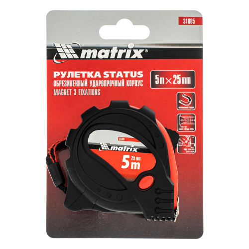 Рулетка Status Magnet 3 fixations,5 м х 25 мм,обрезиненный корпус,зацеп с магнитом Matrix по ценам производителя в Казани с доставкой по всей России