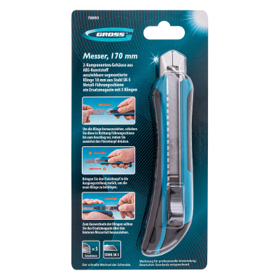 Нож, 170 мм, обрезиненный ABS-корпус, выдвижное сегментное лезвие 18 мм (SK-5) металлическая направляющая, 5 запасных лезвий Gross купить в Москве с доставкой по всей России | ProtosMarket.ru