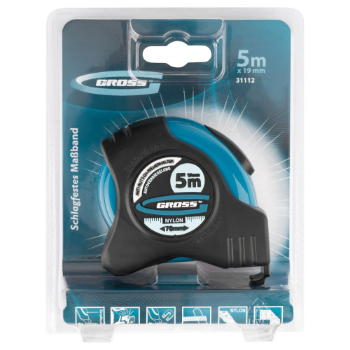 Рулетка "Schlagfest",5 м x 19 мм,магнитный обрезиненный зацеп,двусторонняя шкала,Нейлоновое покрытие,автоматическая фиксация Gross по ценам производителя в Казани с доставкой по всей России