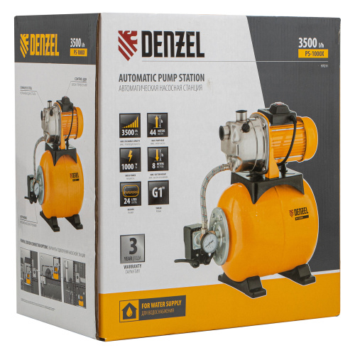Насосная станция PS1000Х, 1000 Вт, 3500 л/ч, ресивер 24 л, подъем 44 м, нержавейка Denzel купить в Москве с доставкой по всей России | ProtosMarket.ru