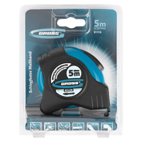 Рулетка "Schlagfest",5 м x 25 мм,магнитный обрезиненный зацеп,двусторонняя шкала,Нейлоновое покрытие,автоматическая фиксация Gross купить в Москве с доставкой по всей России | ProtosMarket.ru
