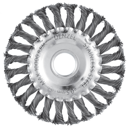 Щетка для УШМ, 125 мм, "Плоская", крученая нержавеющая проволока 0.5 мм, посадка 22.2 мм Denzel купить в Москве с доставкой по всей России | ProtosMarket.ru