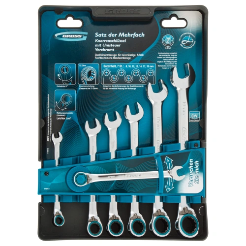 Набор ключей комбинированных с трещоткой, 8-19 мм, 7 шт, реверсивные, CrV Gross купить в Москве с доставкой по всей России | ProtosMarket.ru