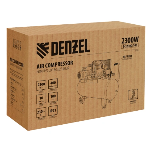 Компрессор воздушный BCI2300/100, ременный привод, 2.3 кВт, 100 литров, 400 л/мин Denzel по ценам производителя в Казани с доставкой по всей России
