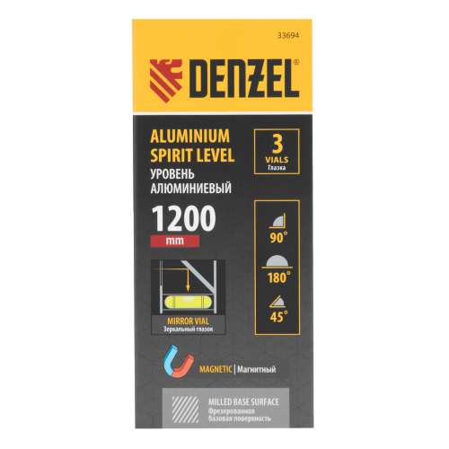 Уровень алюминиевый, магнит, фрезерованный, 3 глазка (1 зеркал.) 0,5 мм/м, 1200 мм Denzel купить в Москве с доставкой по всей России | ProtosMarket.ru