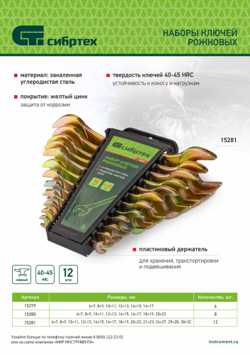 Набор ключей рожковых 6-22 мм, 8 шт, желтый цинк Сибртех купить в Москве с доставкой по всей России | ProtosMarket.ru