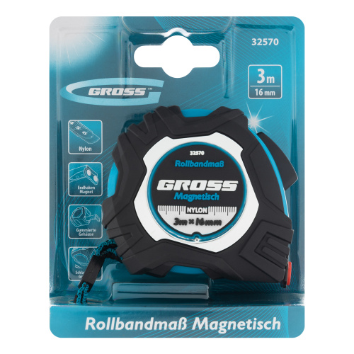 Рулетка Magnetisch 3 м х 16 мм,обрезиненный корпус,автоматическая фиксация,Нейлоновое покрытиеытие,зацеп с магнитом Gross по ценам производителя в Казани с доставкой по всей России