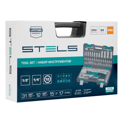 Набор инструментов 1/2", 1/4", CrV, 12 гранные головки, пластиковый кейс, 94 предмета Stels купить в Москве с доставкой по всей России | ProtosMarket.ru
