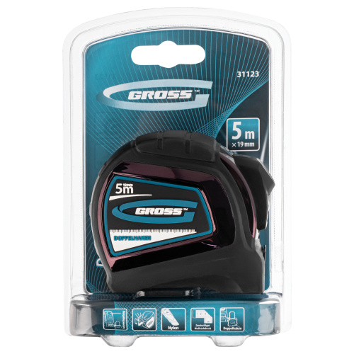 Рулетка "Doppelhaken",5 м x 19 мм,двухсторонний зацеп,Нейлон,двусторонняя шкала,автоматическая фиксация Gross по ценам производителя в Казани с доставкой по всей России