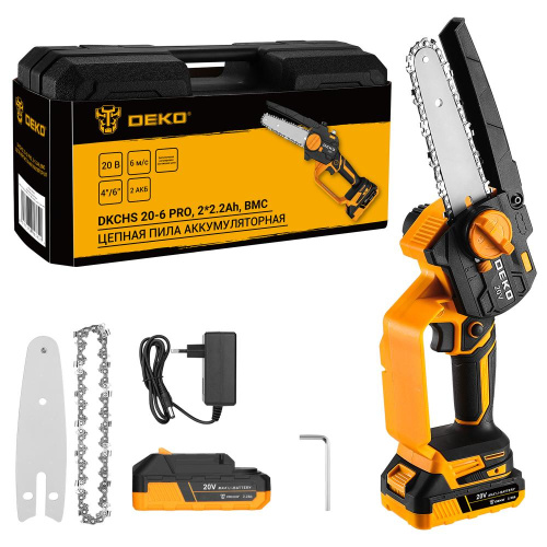 Пила цепная аккумуляторная DEKO DKCHS 20-6 PRO, 4" и 6", 20В, 2x2.2Ач, 2 шины и 2 цепи в кейсе купить в Москве с доставкой по всей России | ProtosMarket.ru