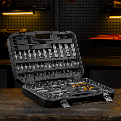 Набор инструментов, 1/2", 1/4", CrV, S2, пластиковый кейс, 94 предмета Denzel купить в Москве с доставкой по всей России | ProtosMarket.ru