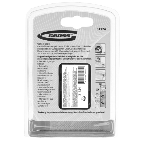 Рулетка "Doppelhaken",5 м x 25 мм,двухсторонний зацеп,Нейлон,двусторонняя шкала,автоматическая фиксация Gross по ценам производителя в Казани с доставкой по всей России