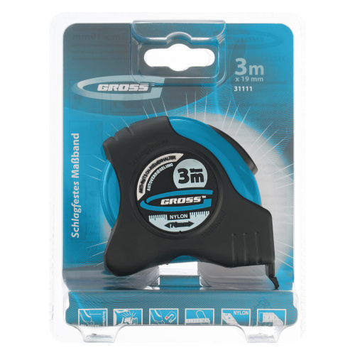 Рулетка "Schlagfest",3 м x 19 мм,магнитный обрезиненный зацеп,двусторонняя шкала,Нейлоновое покрытие,автоматическая фиксация Gross по ценам производителя в Казани с доставкой по всей России