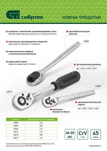 Ключ-трещотка 1/4", 45 зубьев, цельнометаллический, с быстрым сбросом, CrV, хром Сибртех купить в Москве с доставкой по всей России | ProtosMarket.ru