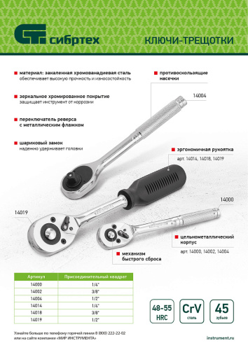 Ключ-трещотка 3/8", 45 зубьев, с быстрым сбросом, CrV, хром Сибртех купить в Москве с доставкой по всей России | ProtosMarket.ru