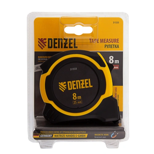 Рулетка 8м х 25мм, двухкомп. корпус, магнитный обрезиненный зацеп Denzel по ценам производителя в Казани с доставкой по всей России