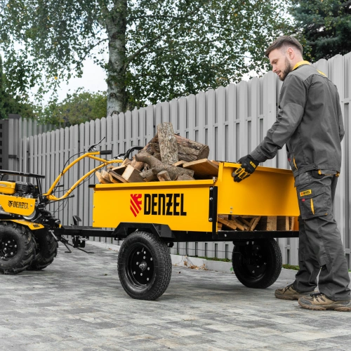 Прицеп для мотоблока TT-500, оцинк., груз. 500 кг, рег. сцепка, колеса 4.00-10, в упаковке Denzel по ценам производителя в Казани с доставкой по всей России