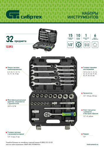 Набор инструментов, 1/2", пластиковый кейс, 32 предмета// Сибртех купить в Москве с доставкой по всей России | ProtosMarket.ru