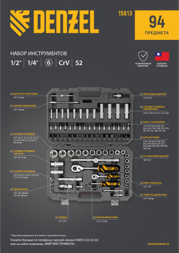 Набор инструментов, 1/2", 1/4", CrV, S2, пластиковый кейс, 94 предмета Denzel купить в Москве с доставкой по всей России | ProtosMarket.ru