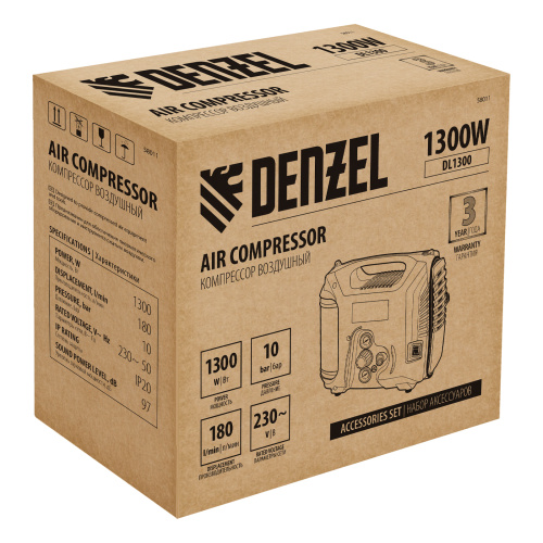 Компрессор воздушный DL1300, 10 бар, 1,3 кВт 180 л/мин 5 л, с набором аксессуаров Denzel по ценам производителя в Казани с доставкой по всей России