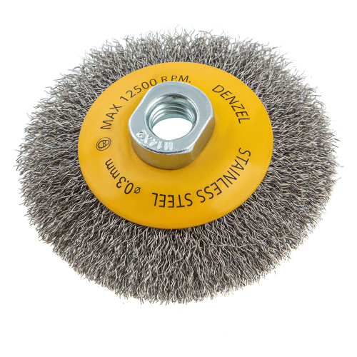 Щетка для УШМ, 100 мм, "Тарелка", витая нержавеющая проволока 0.3 мм, М14 Denzel по ценам производителя в Казани с доставкой по всей России