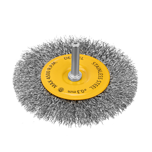 Щетка для дрели 100 мм, Плоская, со шпилькой, нержавеющая витая проволока Denzel по ценам производителя в Казани с доставкой по всей России