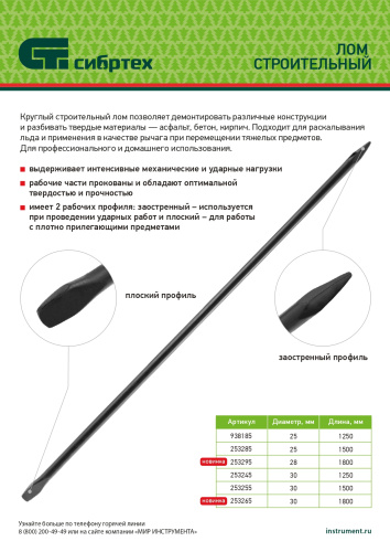 Лом строительный, D 30 мм, L 1800 мм, круглый Сибртех купить в Москве с доставкой по всей России | ProtosMarket.ru