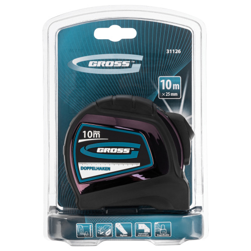 Рулетка "Doppelhaken",10 м x 25 мм,двухсторонний зацеп,Нейлон,двусторонняя шкала,автоматическая фиксация Gross по ценам производителя в Казани с доставкой по всей России