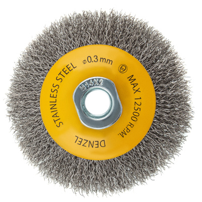 Щетка для УШМ, 100 мм, "Тарелка", витая нержавеющая проволока 0.3 мм, М14 Denzel по ценам производителя в Казани с доставкой по всей России