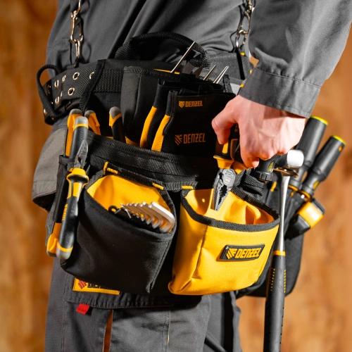 Пояс монтажника усиленный, с лямками, сумки поясные, держатель для молотка Denzel купить в Москве с доставкой по всей России | ProtosMarket.ru