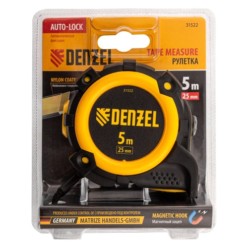 Рулетка 5м х 25мм, автоматич. фиксац., нейлон. покрытие, магнит. зацеп, двухстор. разметка Denzel купить в Москве с доставкой по всей России | ProtosMarket.ru