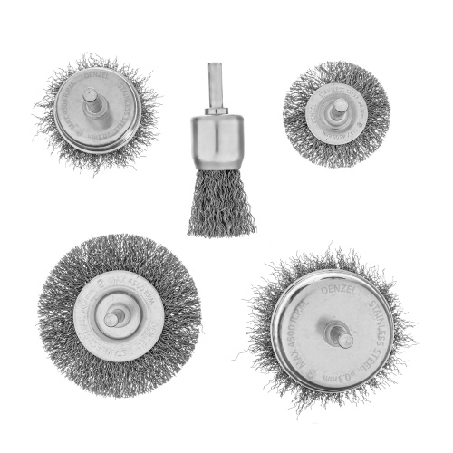 Набор щеток для дрели, 2 Плоские 50-75мм, 3 Чашки 25-50-75мм, шпилька,  нерж.вит. проволока Denzel по ценам производителя в Казани с доставкой по всей России