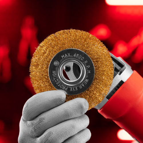 Щетка для УШМ, 100 мм, посадка 22.2 мм, плоская, латунированная витая проволока Matrix по ценам производителя в Казани с доставкой по всей России