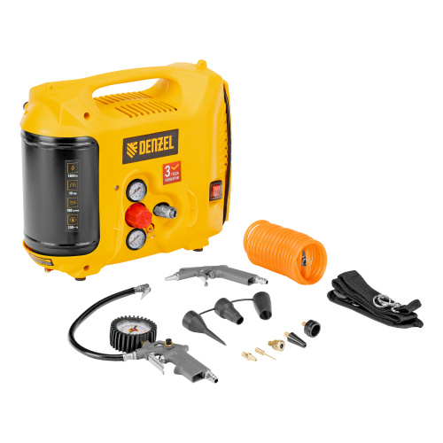 Компрессор воздушный DL1300, 10 бар, 1,3 кВт 180 л/мин 5 л, с набором аксессуаров Denzel по ценам производителя в Казани с доставкой по всей России