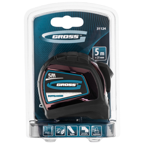 Рулетка "Doppelhaken",5 м x 25 мм,двухсторонний зацеп,Нейлон,двусторонняя шкала,автоматическая фиксация Gross по ценам производителя в Казани с доставкой по всей России