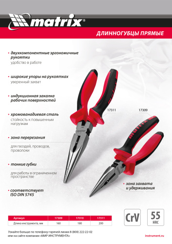 Длинногубцы прямые, 180 мм, хром-ванадий, двухкомпонентные рукоятки Matrix купить в Москве с доставкой по всей России | ProtosMarket.ru