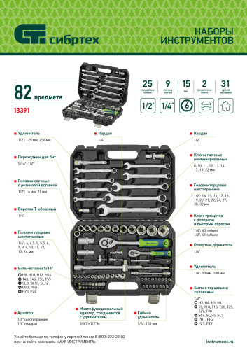 Набор инструментов, 1/2", 1/4", пластиковый кейс, 82 предмета Сибртех купить в Москве с доставкой по всей России | ProtosMarket.ru