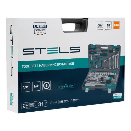 Набор инструментов, 1/2", 1/4", CrV, пластиковый кейс 98 предметов Stels купить в Москве с доставкой по всей России | ProtosMarket.ru
