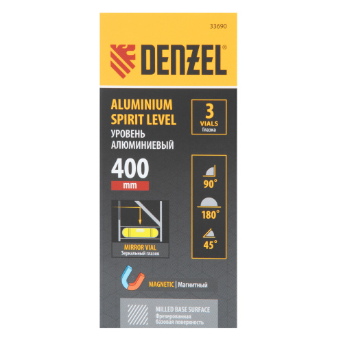 Уровень алюминиевый, магнит., фрезерованный, 3 глазка (1 зеркал.) 0,5 мм/м, 400 мм Denzel по ценам производителя в Казани с доставкой по всей России